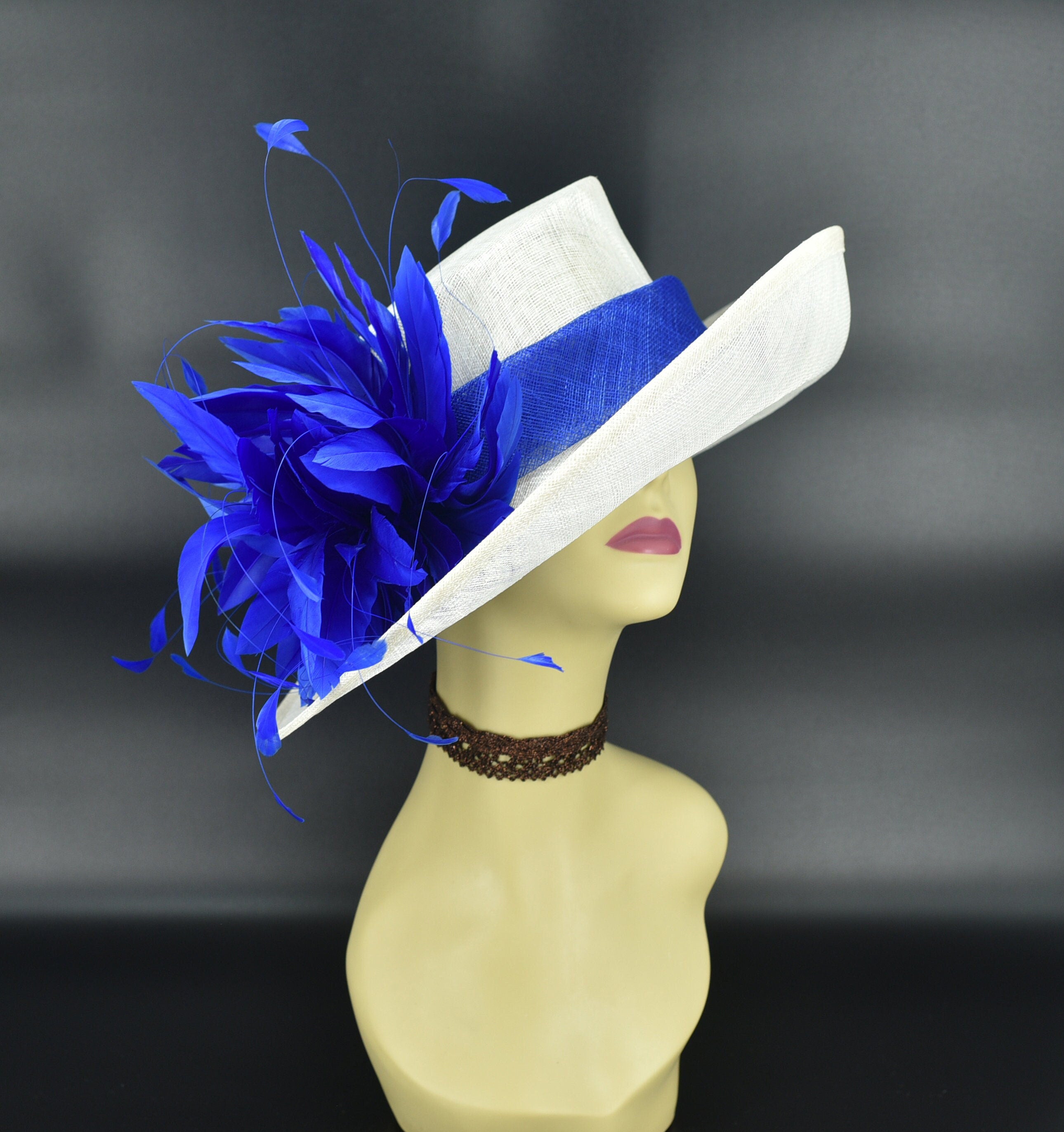 M901(Off-white Royal Blue Hat)Kentucky Derby Hat Church Hat Wedding Ha M901(Off-white Royal Blue Hat)Kentucky Derby Hat Church Hat Wedding Ha