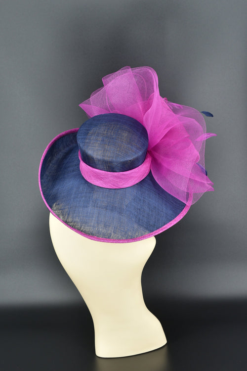 Kentucky Derby Hat Blue & Fuchsia Organza Statement Wide Brim UK Royal Ascot Wide Brim Kentucky Derby Hat, Ascot Hat for Wedding & Tea  main image 4