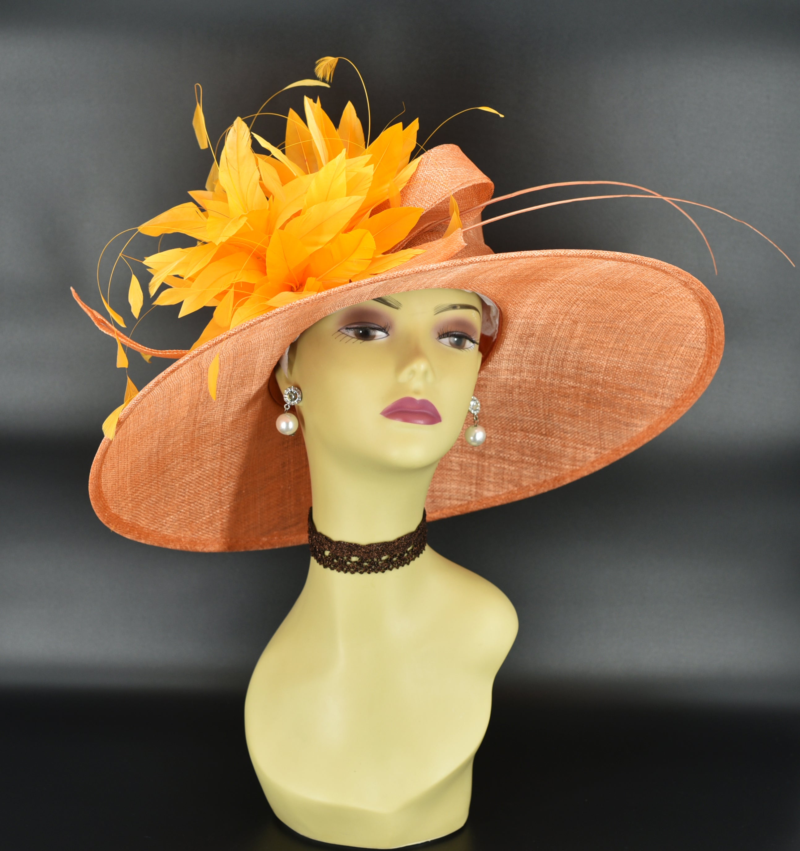 orange dress hat Orange Ladies Luncheon Hat for Horse Races, Orange Fascinator Hat for Woman Peacock Feathers, Beige Wedding Hat, Kentucky Derby Hat Orange