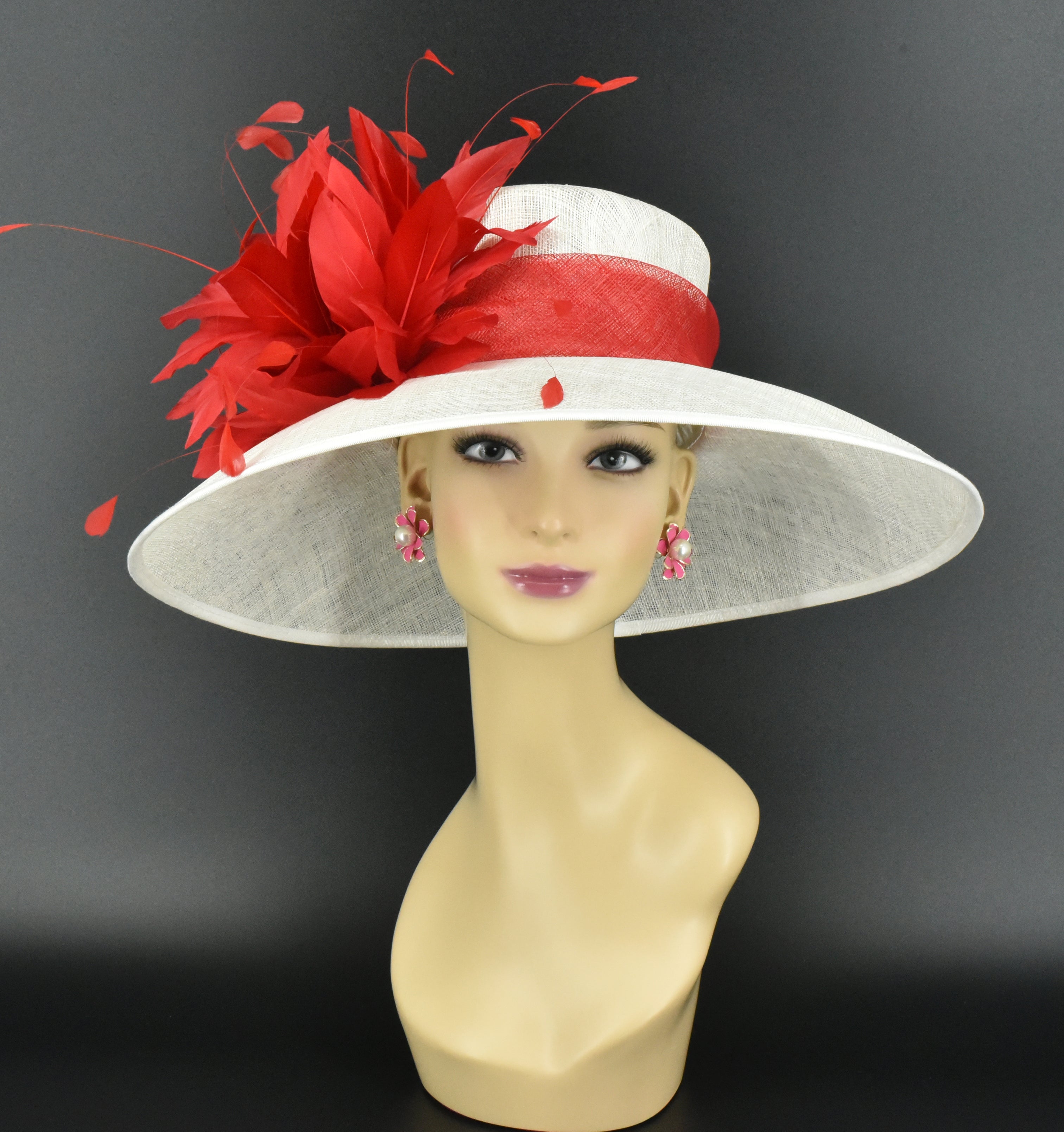 Red Flower Feather Wide Brim Kentucky Derby Hat Red Flower Feather Fascinator, Red Derby Hats, Flower  main image 2