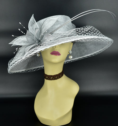M489( Silver/Light Gray )Kentucky Derby Hat Church Hat Wedding Hat Eas