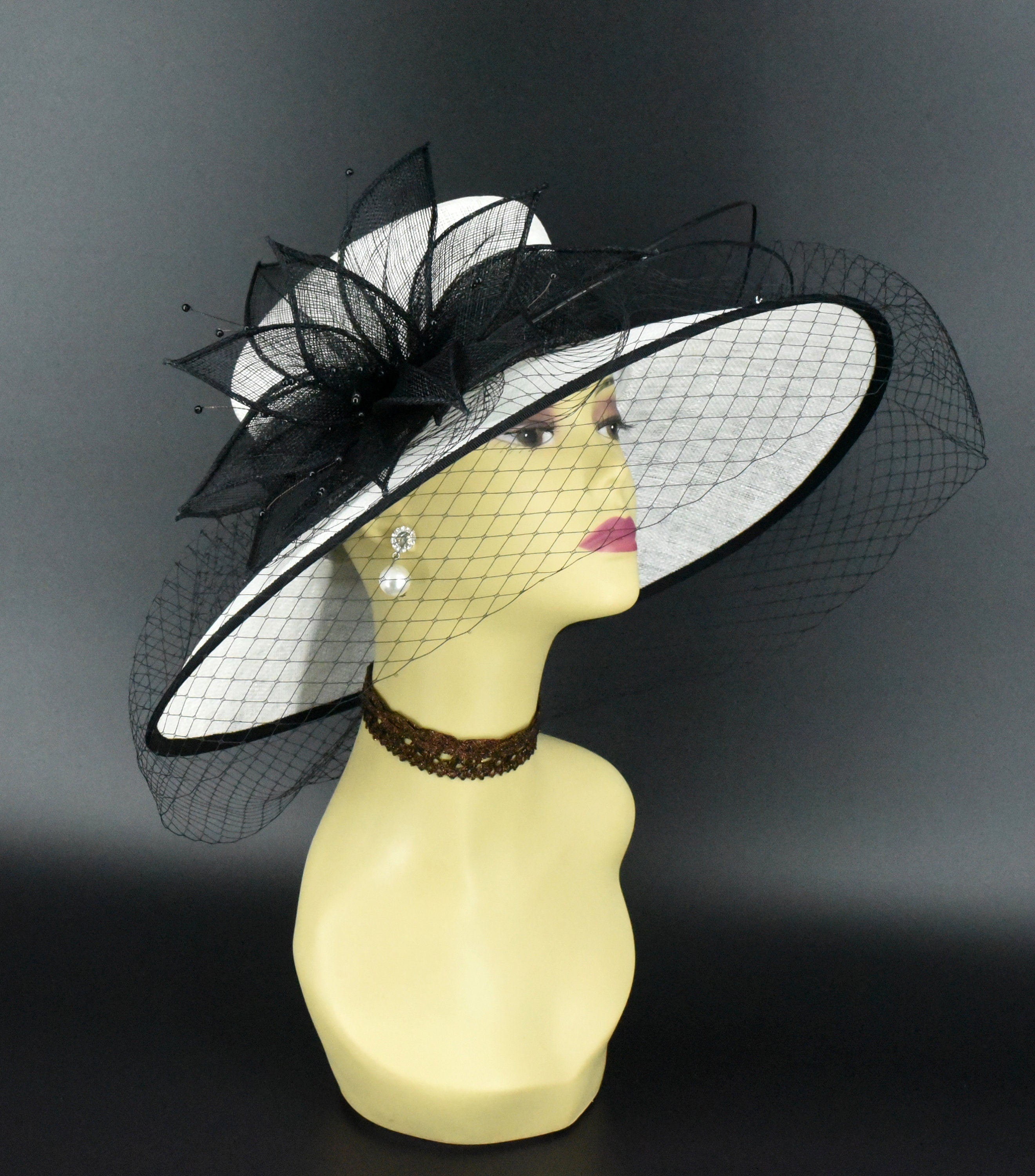 M489V ( White Black hat )Kentucky Derby Hat, Church Hat, Wedding Hat,