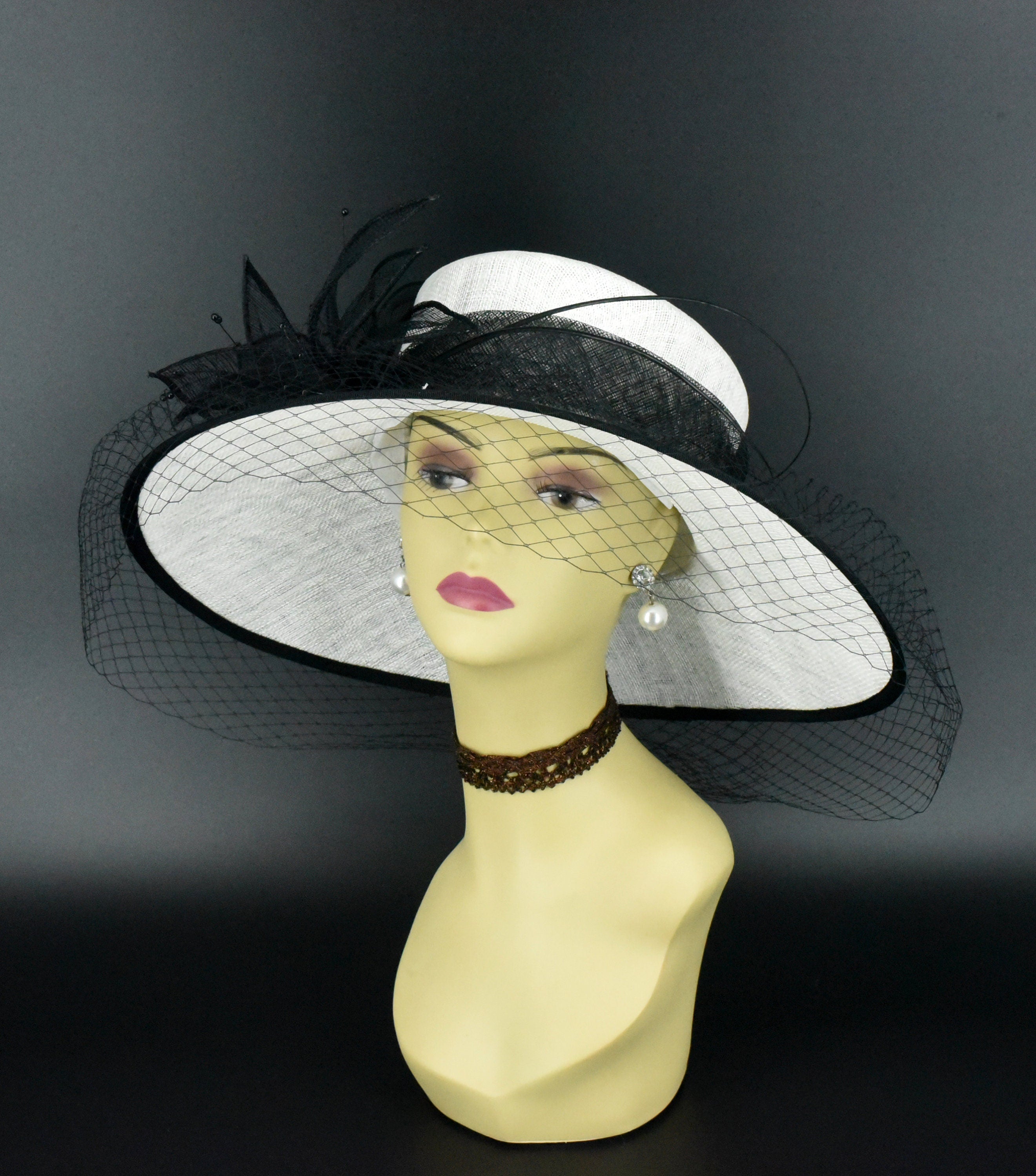 M489V ( White Black hat )Kentucky Derby Hat, Church Hat, Wedding Hat,